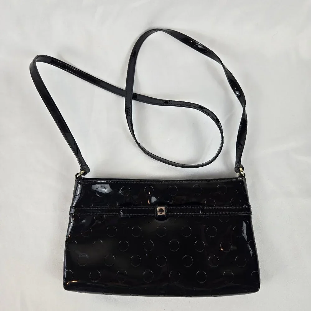 Kate Spade Camellia Street Amy Crossbody Bag Black Patent PVC Debossed Dots